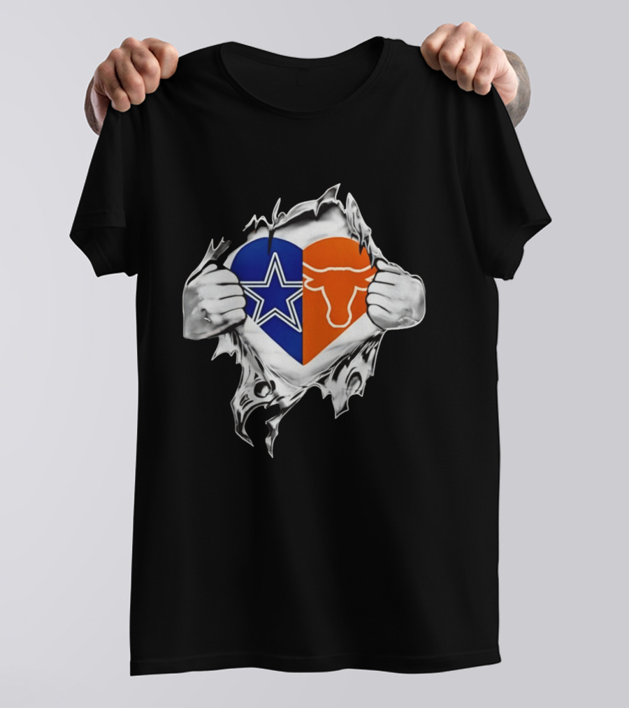 Dallas Cowboys And Texas Longhorns Heart Symbol Tearing T-Shirt