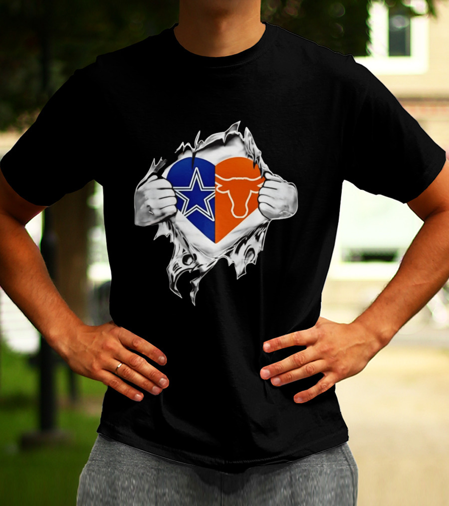 Dallas Cowboys And Texas Longhorns Heart Symbol Tearing T-Shirt