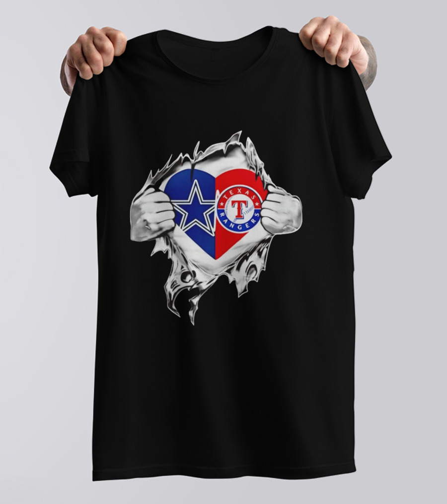 Dallas Cowboys Texas Rangers Heart Torn Open Sports T-Shirt