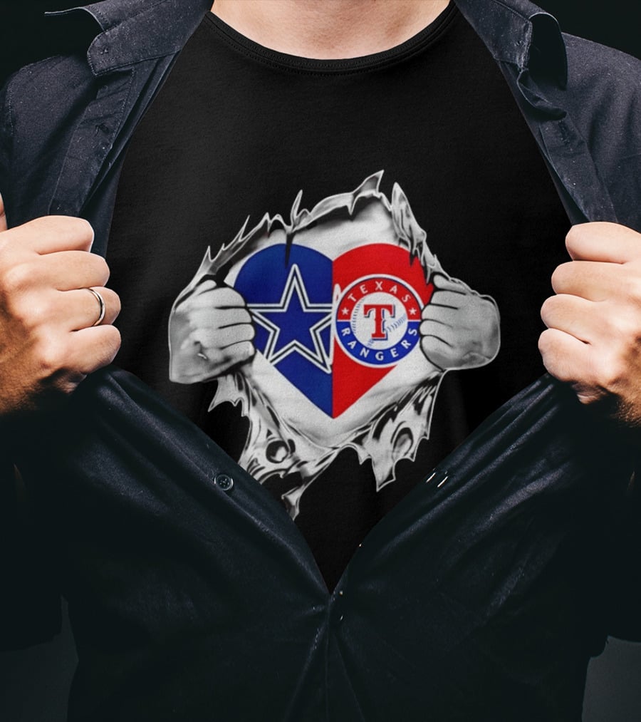 Dallas Cowboys Texas Rangers Heart Torn Open Sports T-Shirt