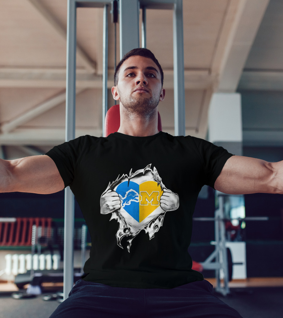 Detroit Lions Michigan Wolverines Heart Torn Reveal T-Shirt