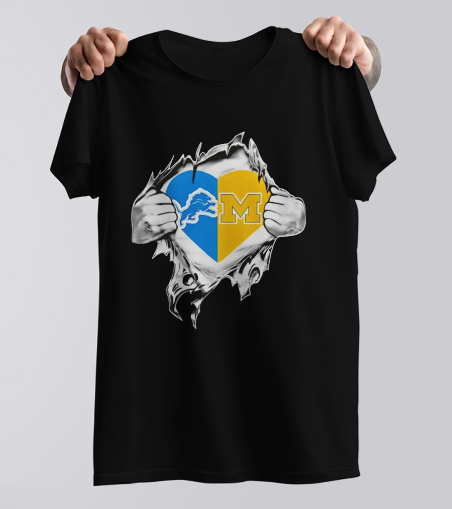 Detroit Lions Michigan Wolverines Heart Torn Reveal T-Shirt