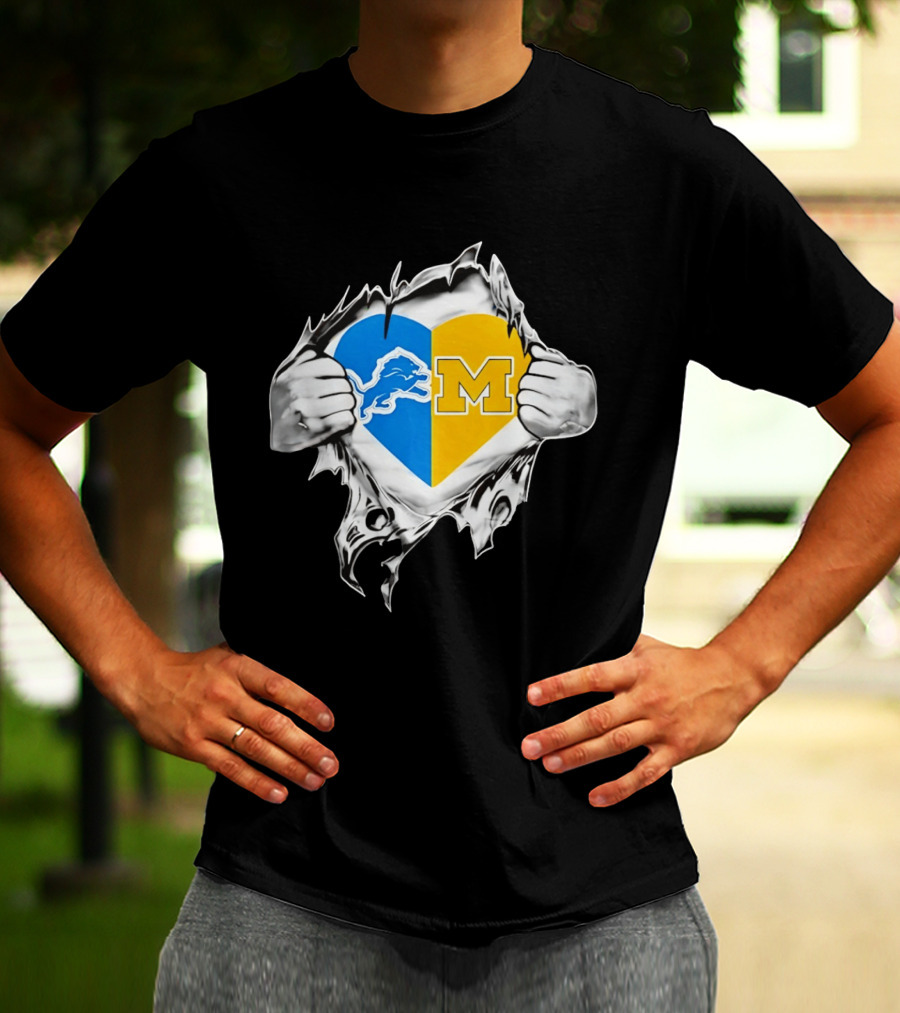 Detroit Lions Michigan Wolverines Heart Torn Reveal T-Shirt