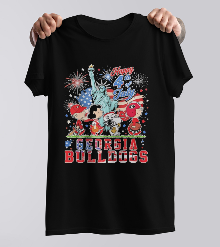 Georgia Bulldogs Snoopy Abbey Road Happy 4th Of July Statue Of Liberty Fireworks T-Shirt