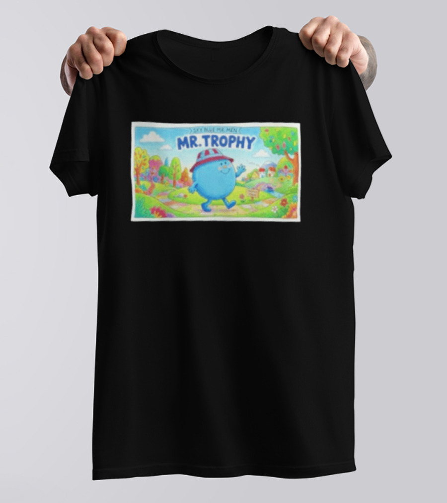 Sky Blue Mr. Men Mr. Trophy Character In Colorful Landscape Scene T-Shirt