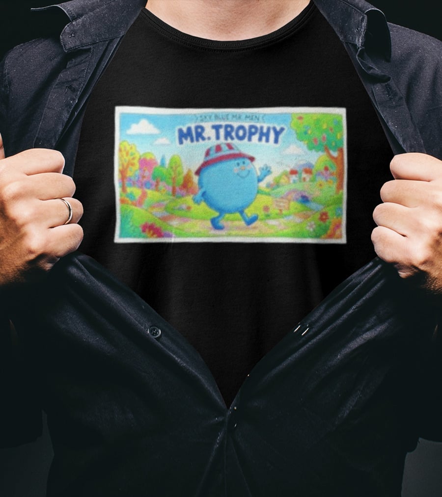 Sky Blue Mr. Men Mr. Trophy Character In Colorful Landscape Scene T-Shirt