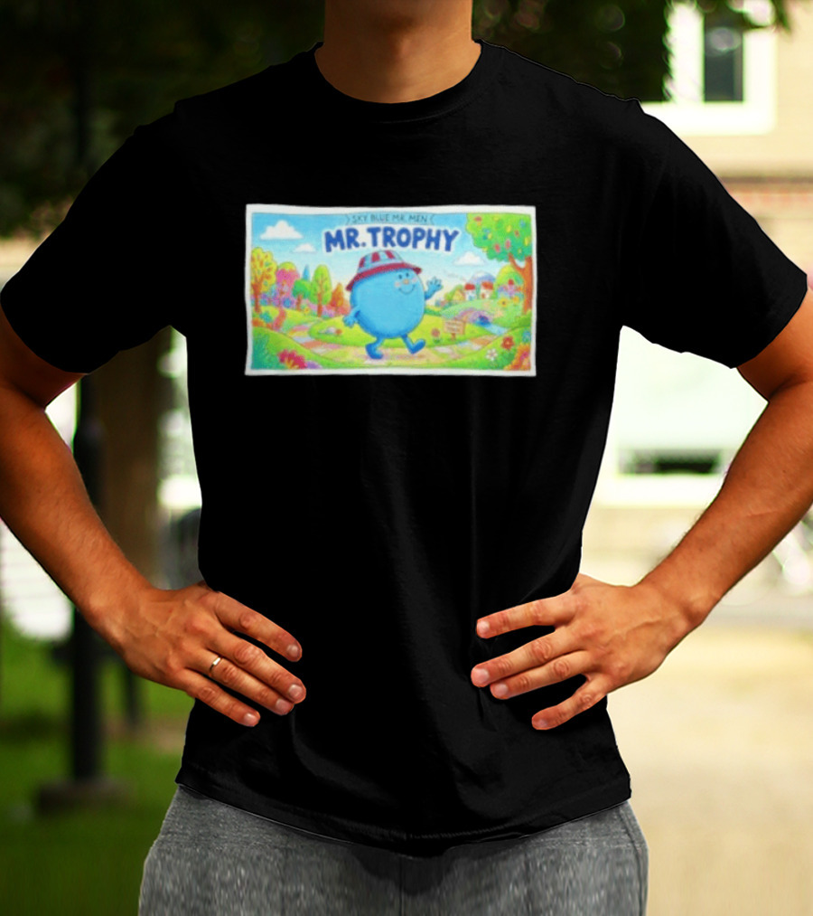 Sky Blue Mr. Men Mr. Trophy Character In Colorful Landscape Scene T-Shirt