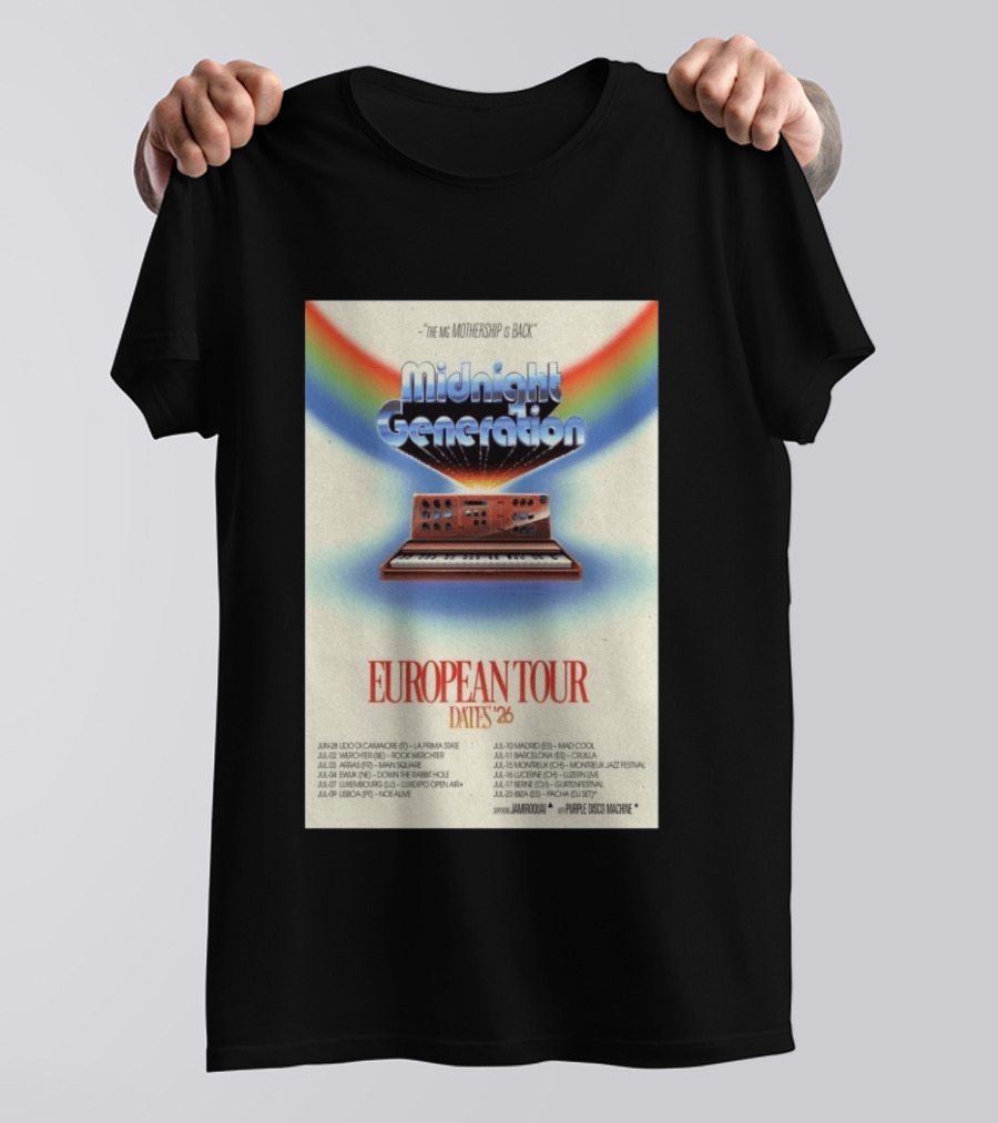 Midnight Generation European Tour Dates '26 Mothership Is Back Jamiroquai Purple Disco Machine T-Shirt