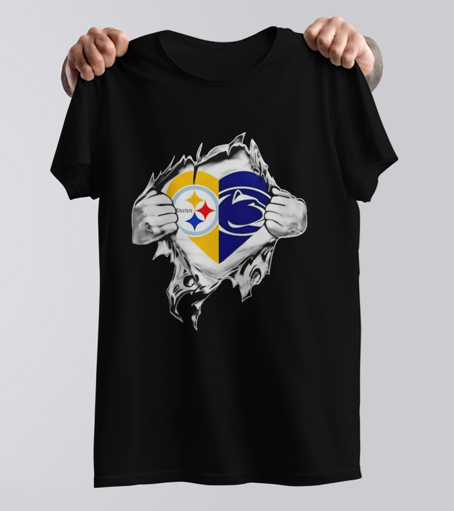 Steelers Penn State Heart Fan Logo Torn Fabric T-Shirt