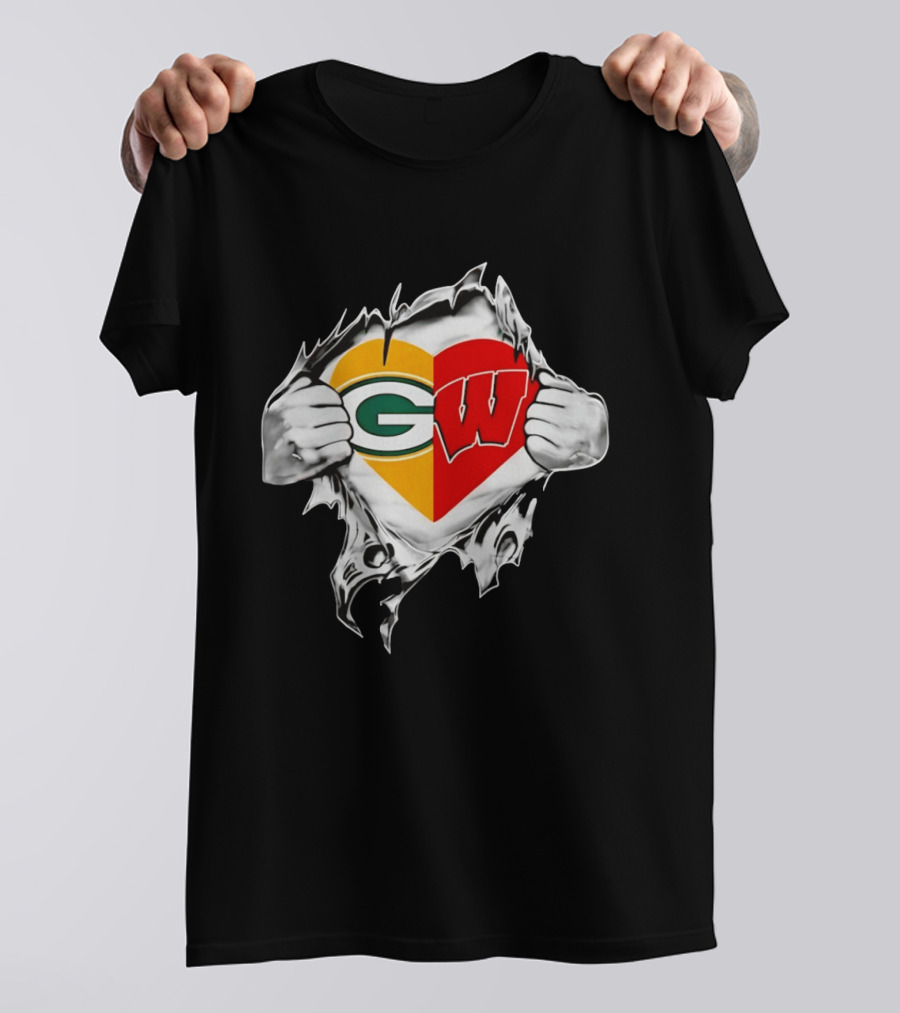 Packers Badgers Heart Logo Green Bay Wisconsin NCAA Fan Gear T-Shirt