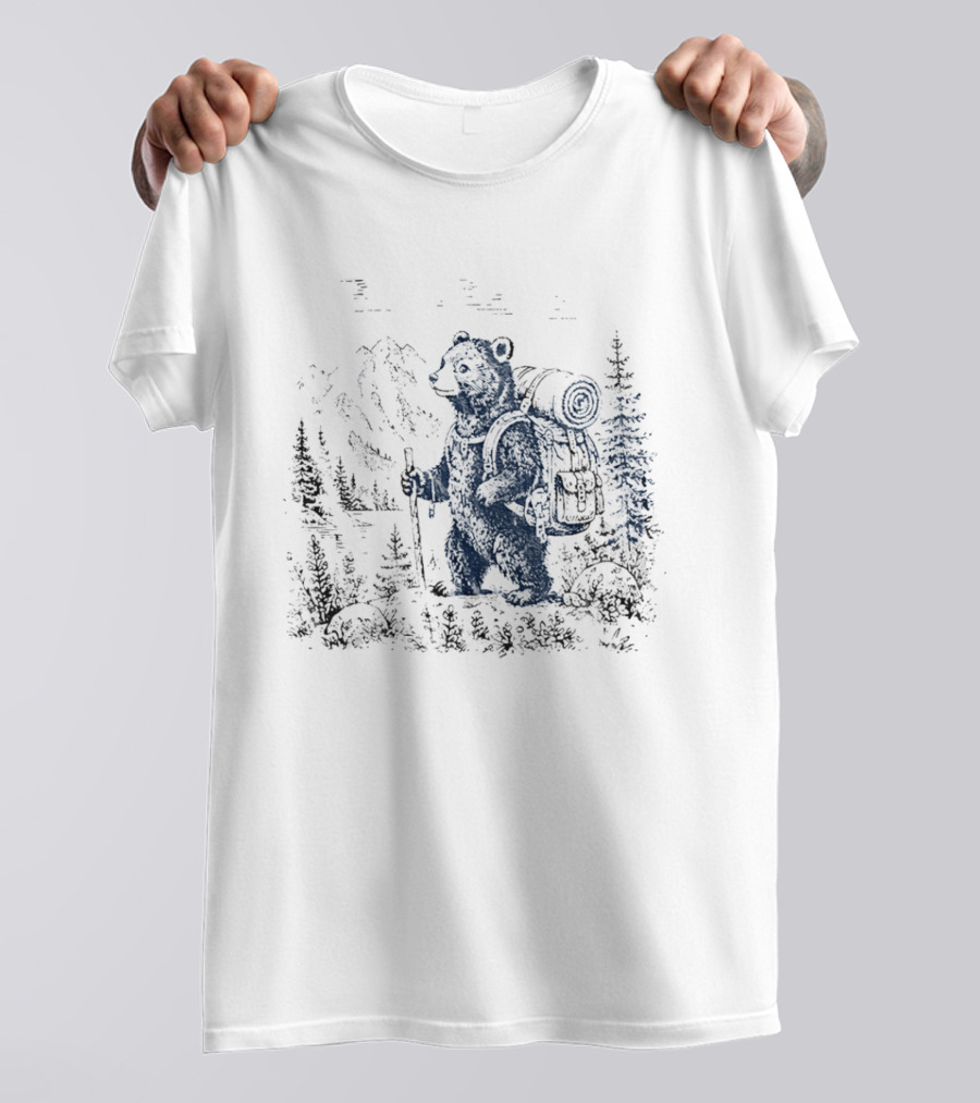 Hiking Bear Trekking Adventure With Backpack And Walking Stick Mountain Forest Scene T-Shirt