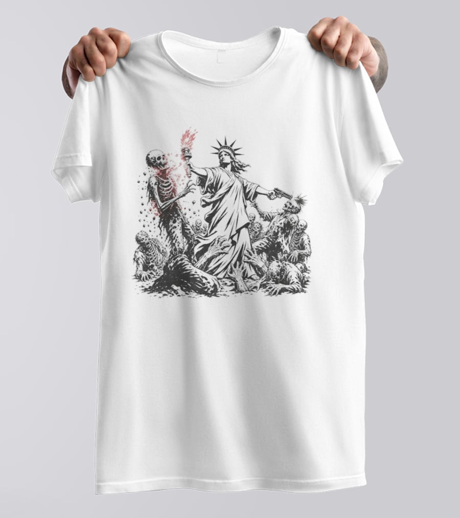 Statue Of Liberty Battling Zombies With Torch And Pistol T-Shirt