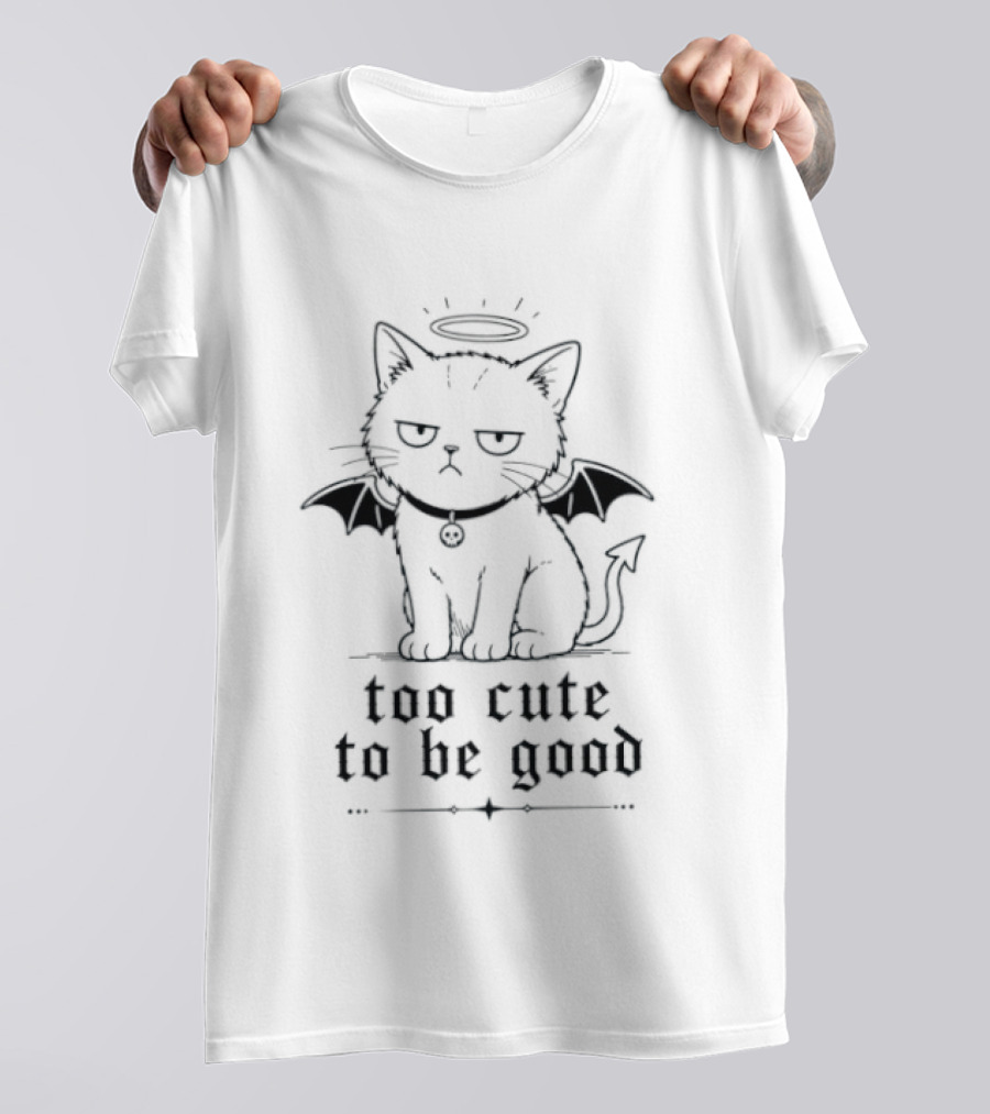 Too Cute To Be Good Devil Cat Kitten Halo Wings T-Shirt