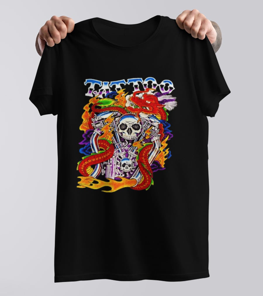 Tattoo Brand Dragon Skull Motorcycle Engine Flames T-Shirt