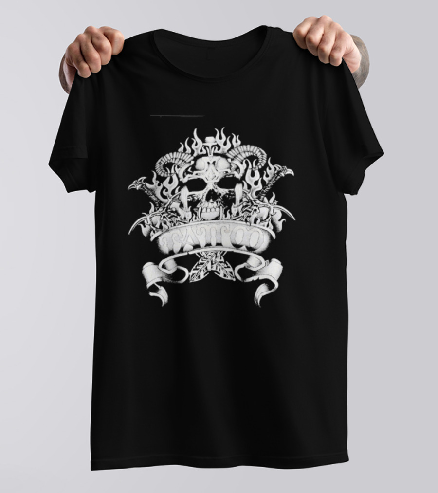 Skull With Horns And Flames Daggers Grim Reaper Tattoo T-Shirt