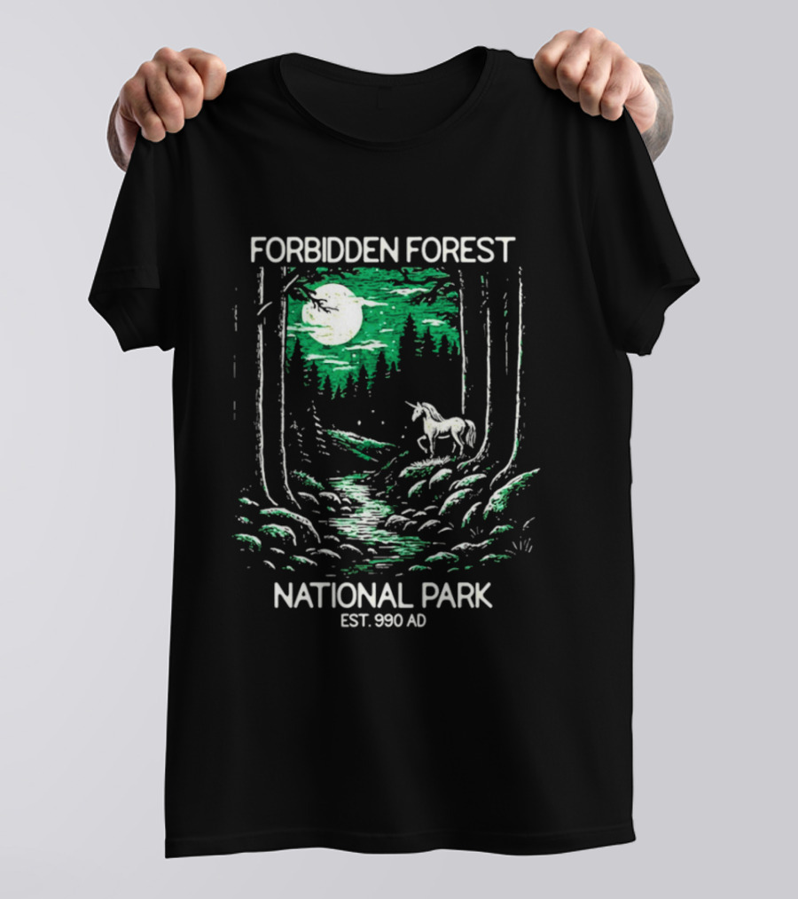 Forbidden Forest National Park Est 990 AD Moonlit Unicorn Scene T-Shirt
