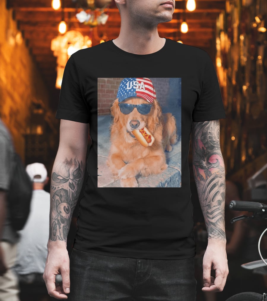 Golden Retriever With USA Hat Eating Hot Dog American Flag 4th Of July T-Shirt
