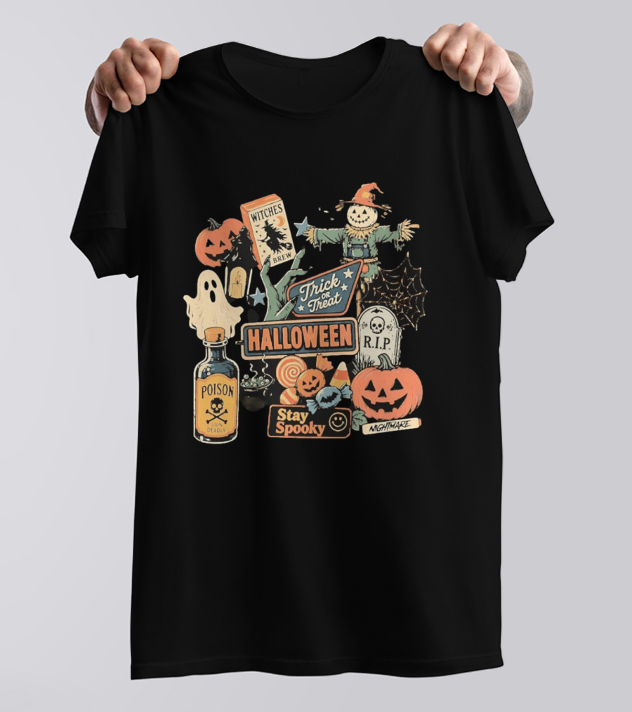 Halloween Trick Or Treat Stay Spooky Witches Brew Poison Nightmare R.I.P Ghost Pumpkins T-Shirt