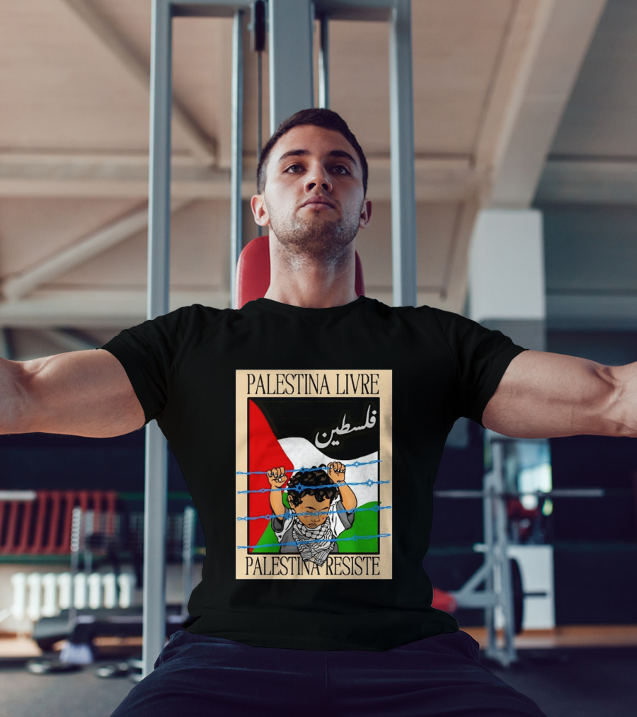 Palestina Livre Resistência Criança Frente Bandeira Arame Farpado T-Shirt