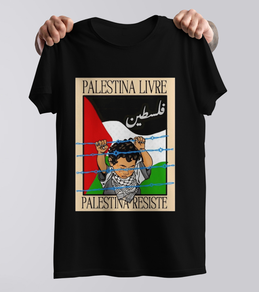 Palestina Livre Resistência Criança Frente Bandeira Arame Farpado T-Shirt