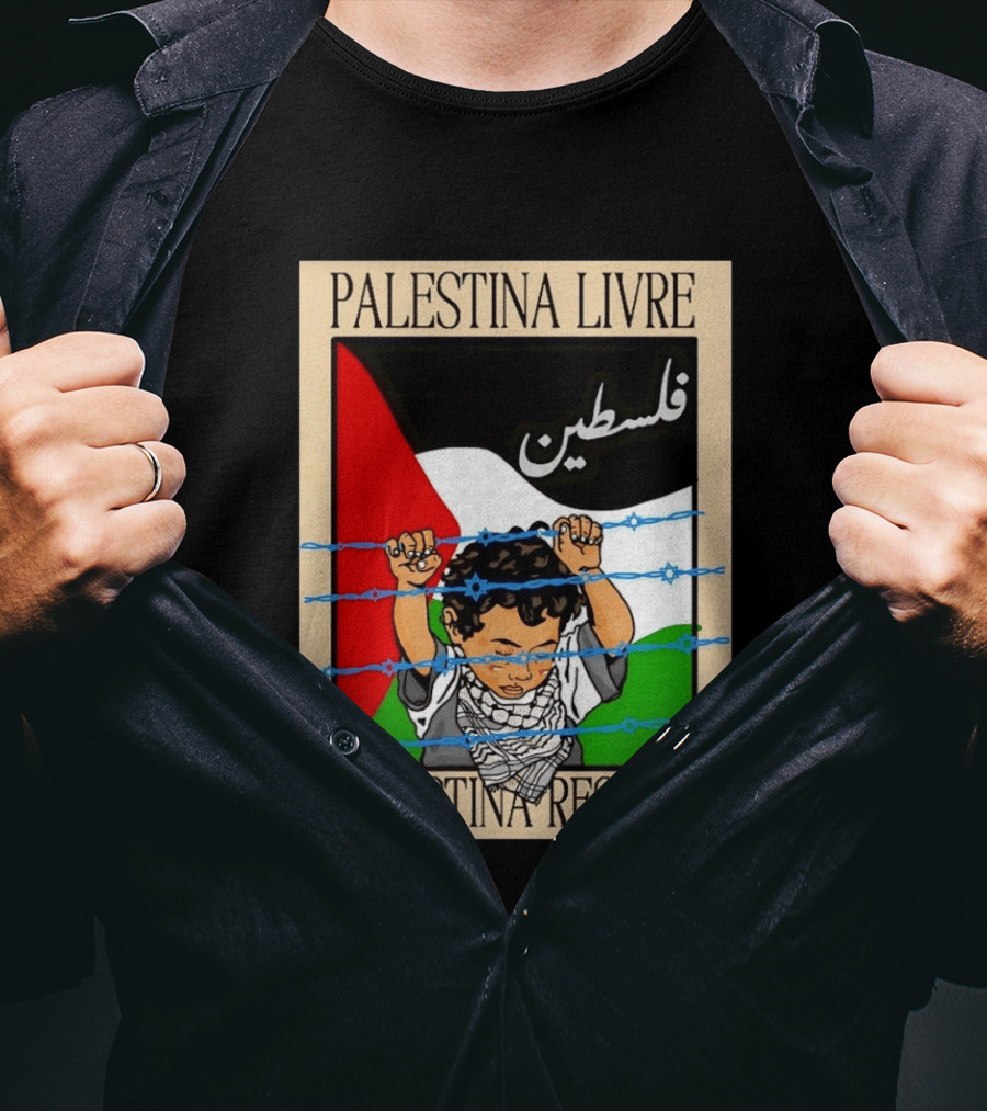 Palestina Livre Resistência Criança Frente Bandeira Arame Farpado T-Shirt