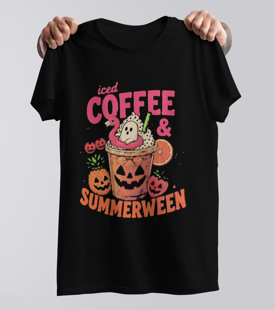 Iced Coffee And Summerween Spooky Tropical Fruit Halloween Jack O' Lantern Drink T-Shirt