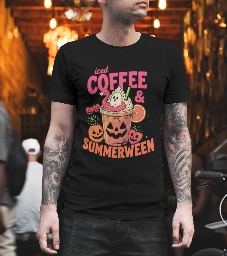 Iced Coffee And Summerween Spooky Tropical Fruit Halloween Jack O' Lantern Drink T-Shirt
