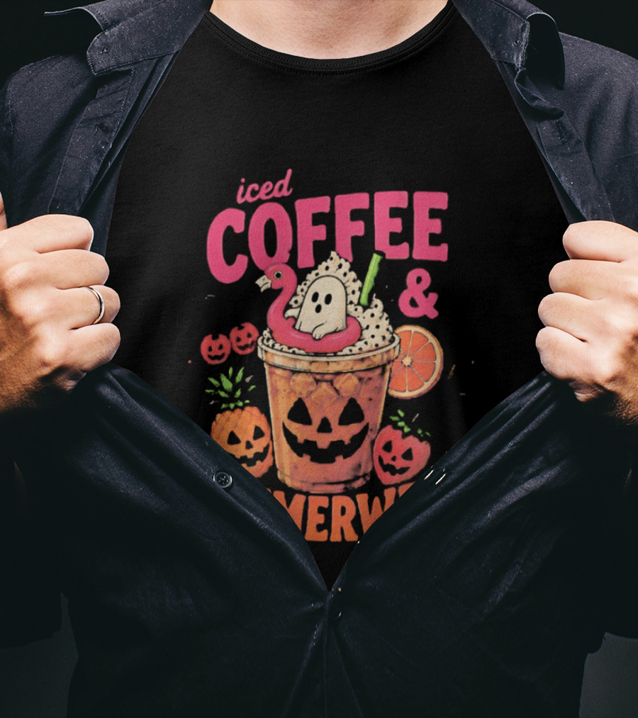Iced Coffee And Summerween Spooky Tropical Fruit Halloween Jack O' Lantern Drink T-Shirt