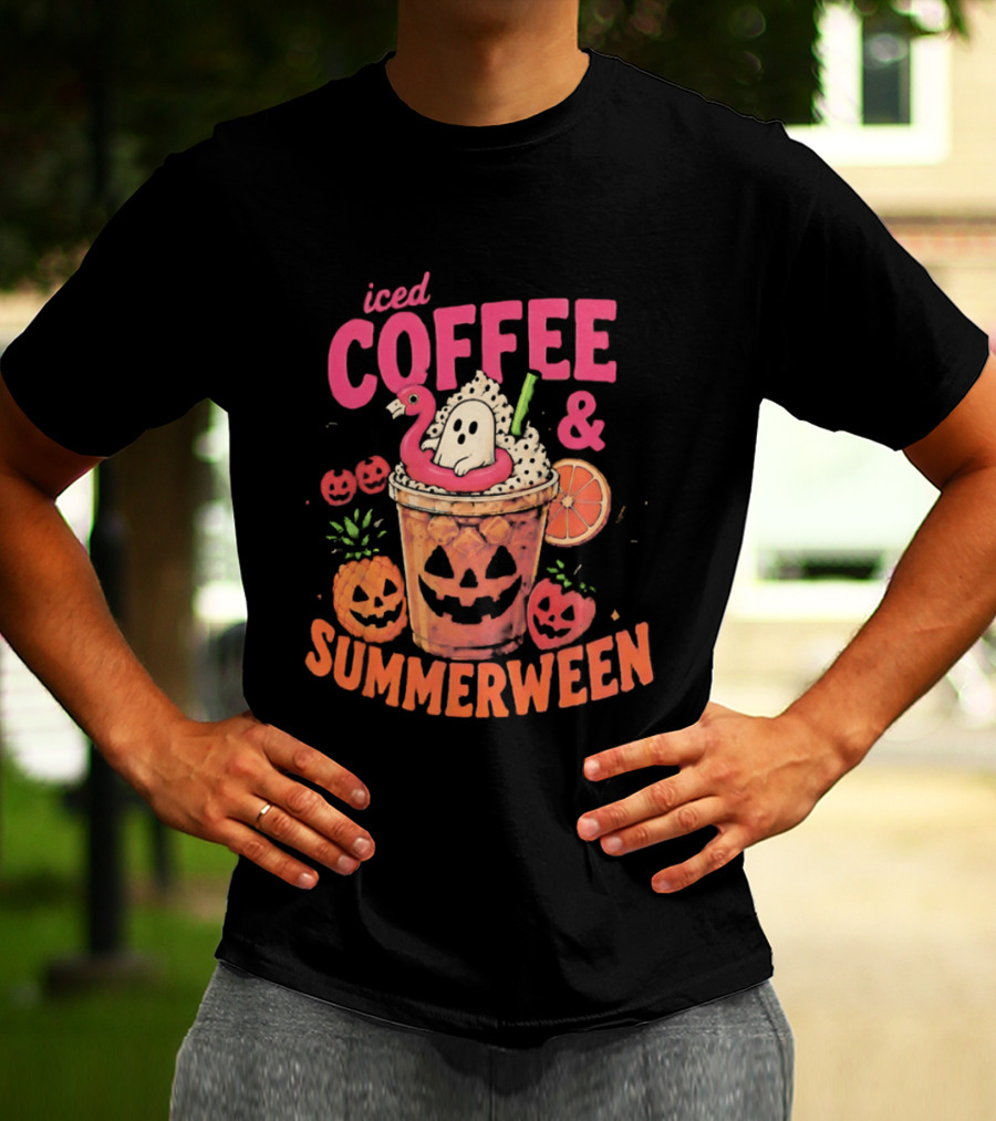 Iced Coffee And Summerween Spooky Tropical Fruit Halloween Jack O' Lantern Drink T-Shirt