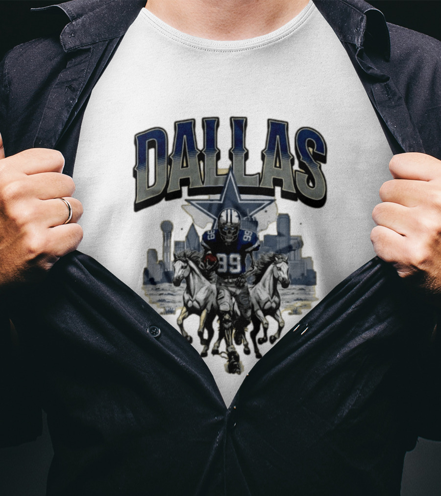 Dallas Cowboys Gameday Skeleton Football Player With Horses And Skyline T-Shirt