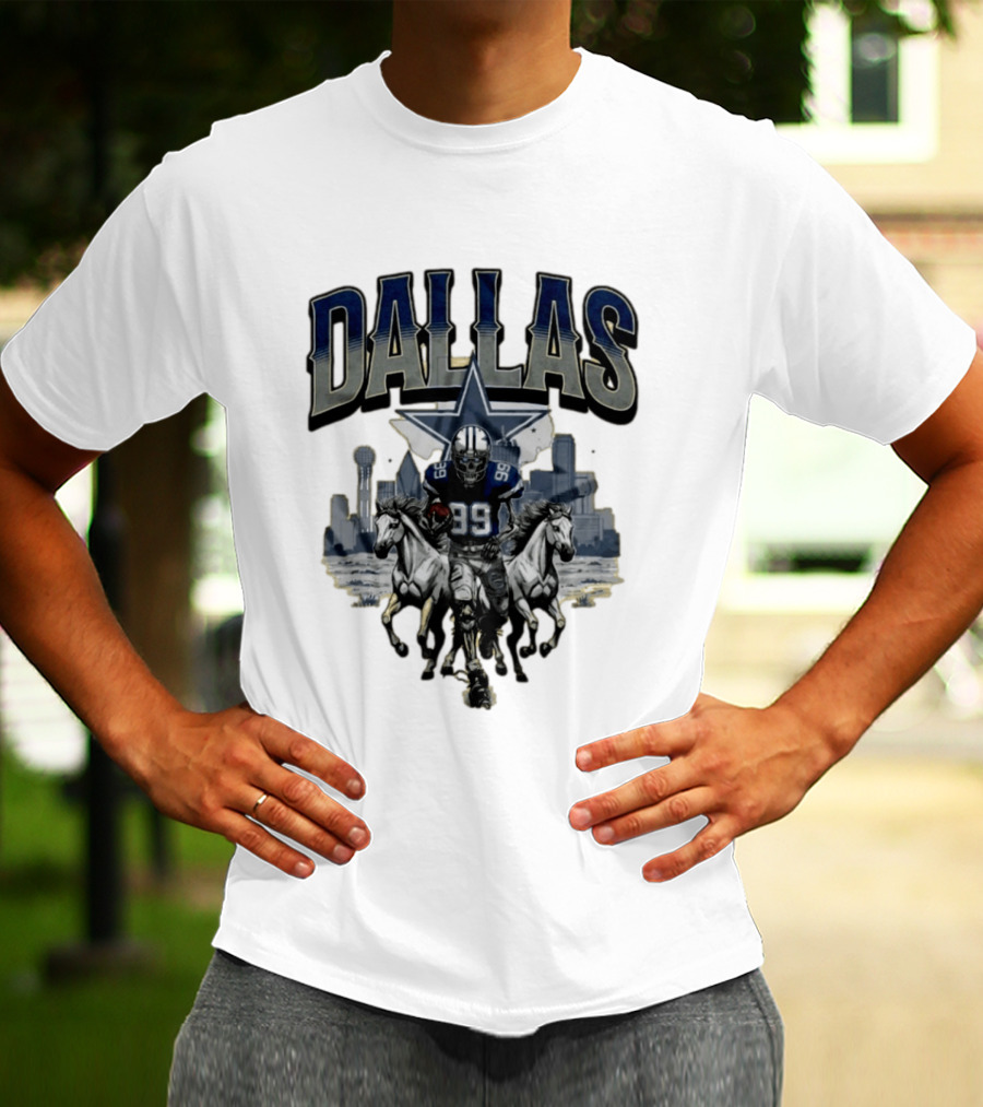Dallas Cowboys Gameday Skeleton Football Player With Horses And Skyline T-Shirt
