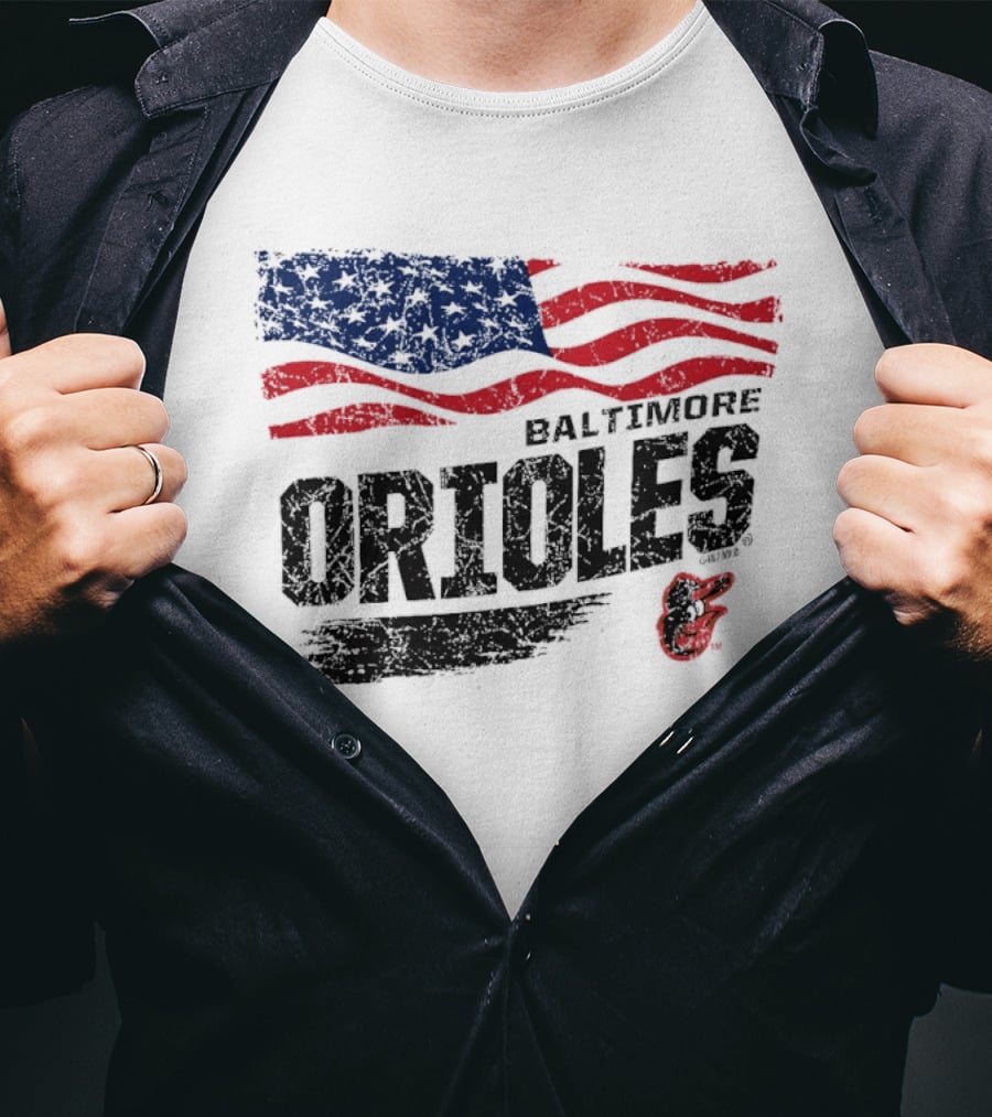 Baltimore Orioles 4th Of July Waving American Flag 250th Anniversary Celebration T-Shirt