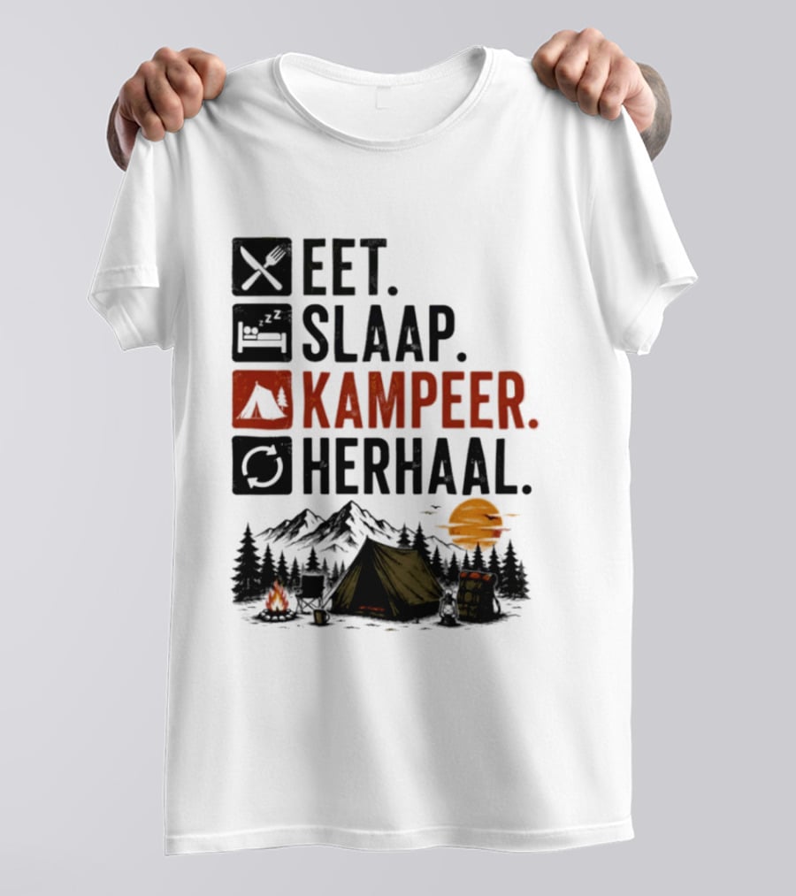 Eet Slaap Kampeer Herhaal Camping Tent Mountains Campfire Sunset T-Shirt