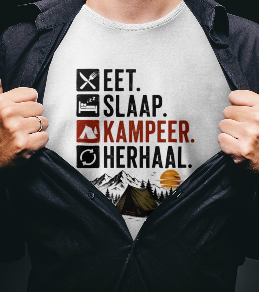 Eet Slaap Kampeer Herhaal Camping Tent Mountains Campfire Sunset T-Shirt