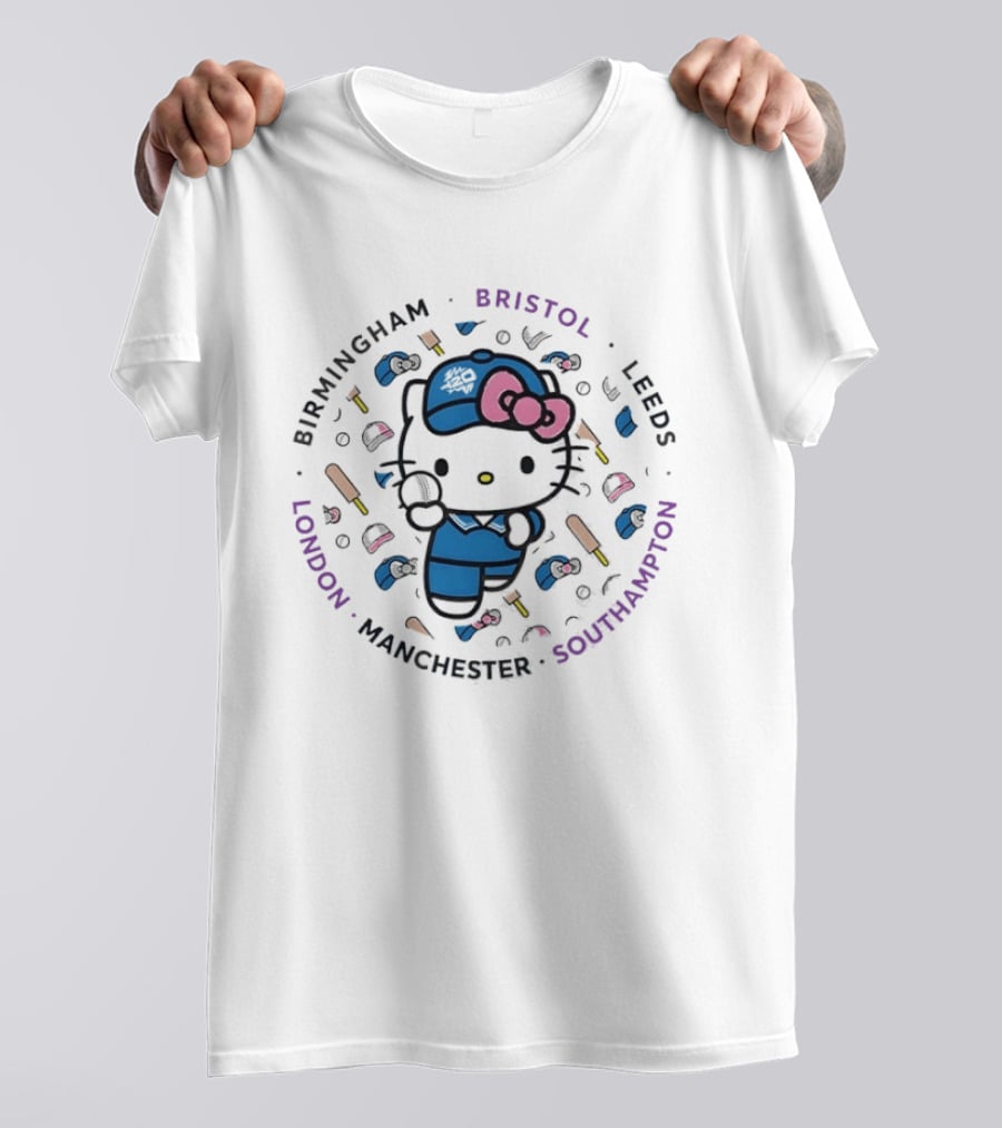 Hello Kitty Cricket Birmingham Bristol Leeds Southampton Manchester London T-Shirt