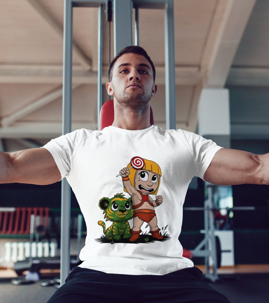 Jungle Kid Holding Lollipop With Playful Tiger Cub T-Shirt