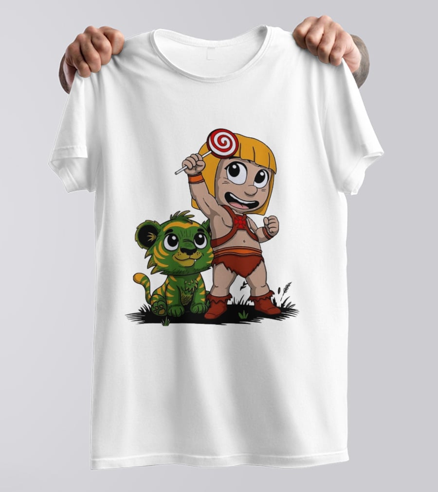 Jungle Kid Holding Lollipop With Playful Tiger Cub T-Shirt