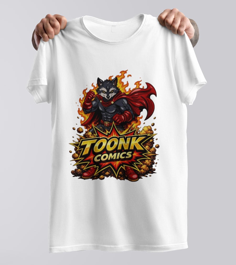 Toonk Comics Superhero Raccoon With Fiery Cape T-Shirt