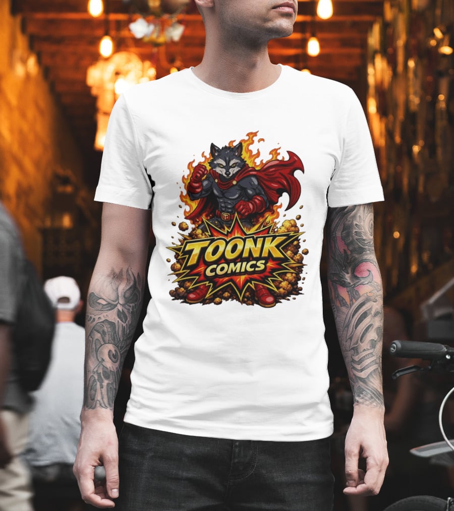 Toonk Comics Superhero Raccoon With Fiery Cape T-Shirt