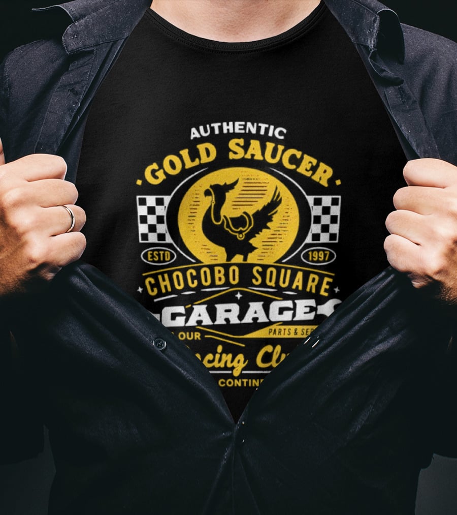 Authentic Gold Saucer Chocobo Square Garage Parts Service Racing Club Western Continent QUA T-Shirt