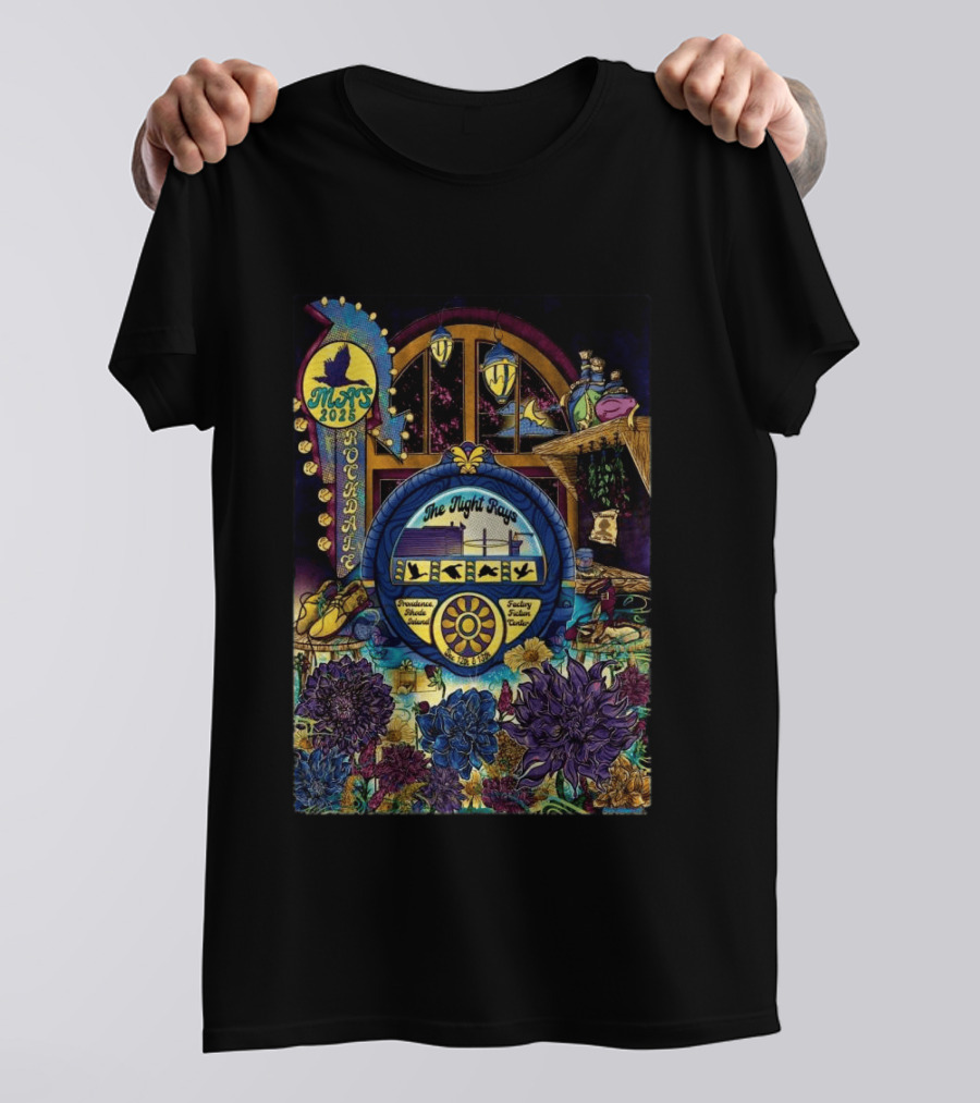 Rockadame Mats 2025 The Night Rays Providence Rhode Island Factory Ticket Center T-Shirt