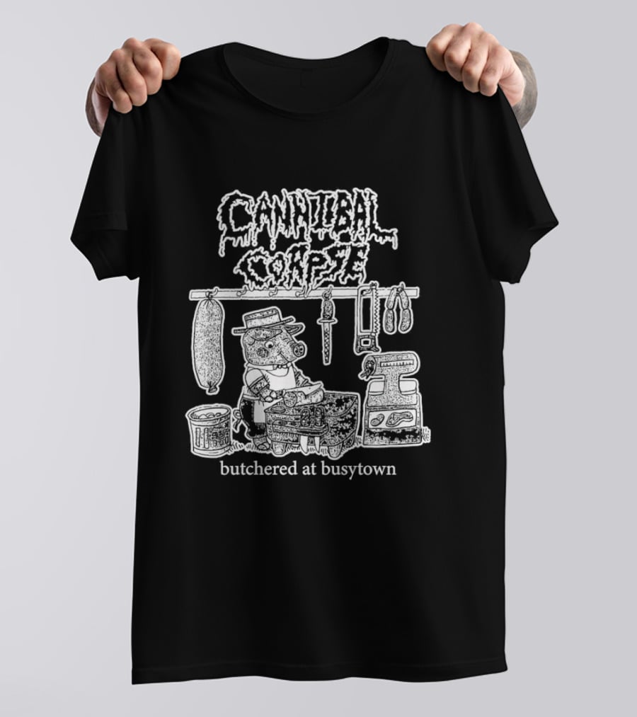 Cannibal Corpse Butchered At Busytown Graphic With Cartoon Butcher Scene T-Shirt