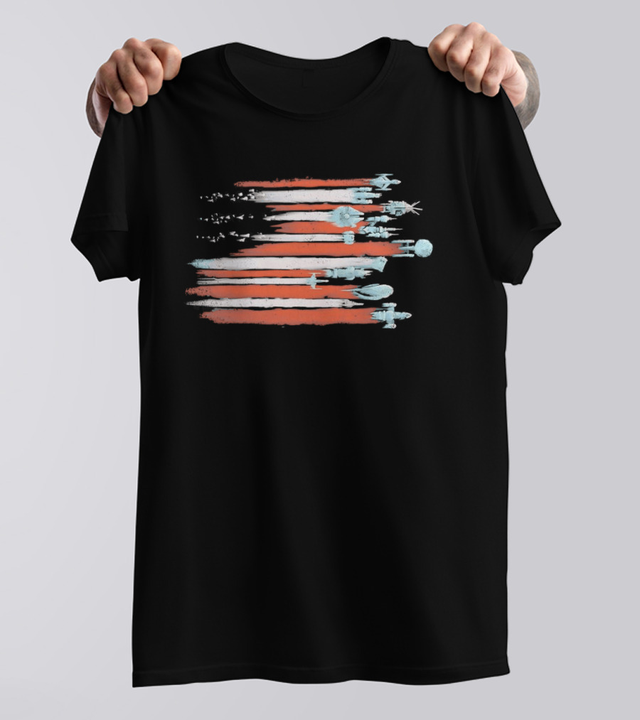 American Flag With Spacecraft Sci Fi T-Shirt