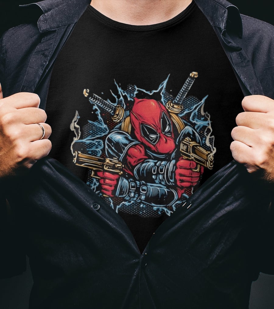 Deadpool Mercenary Dual Pistols And Katanas Action Scene T-Shirt