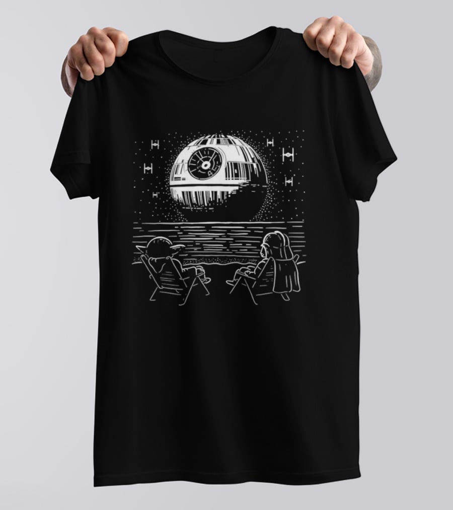 Yoda And Vader Relaxing By The Beach With Death Star In The Sky T-Shirt