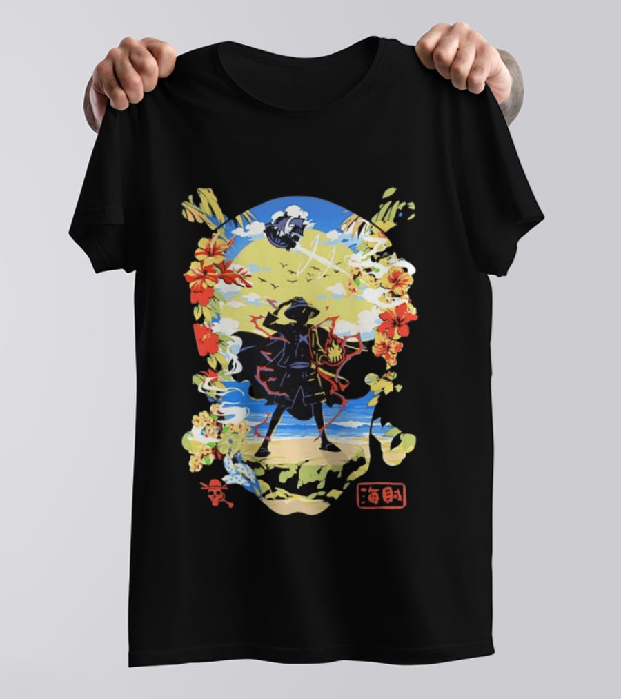 Monkey D Luffy One Piece Hat Pirate Beach Scene Floral Surrounding T-Shirt