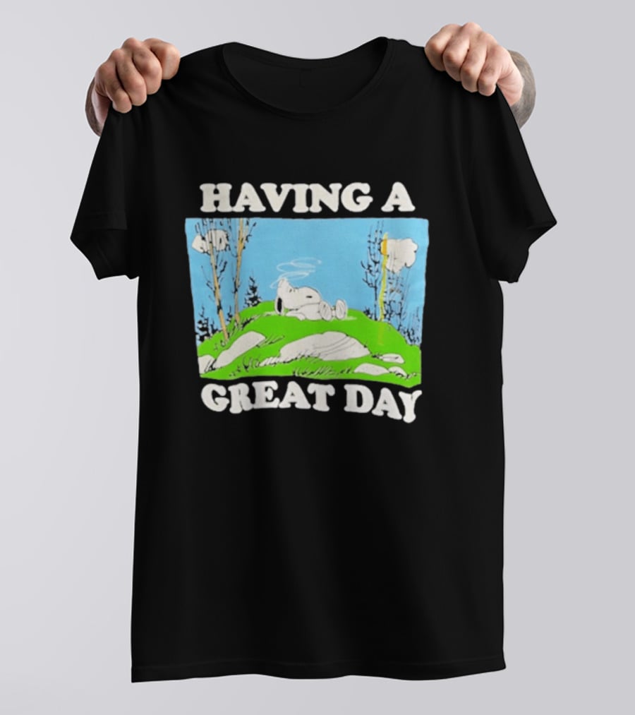 Snoopy Having A Great Day Relaxing On The Green Hill With Blue Sky And Clouds T-Shirt