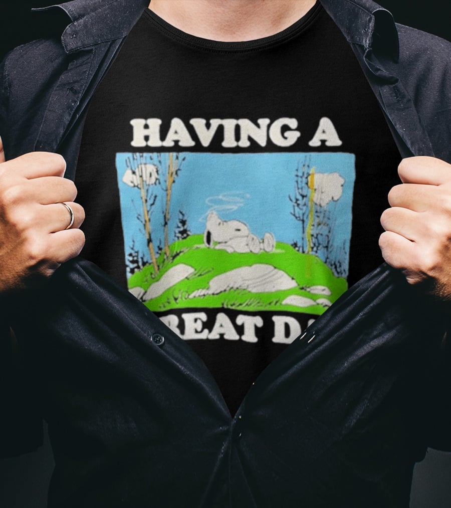Snoopy Having A Great Day Relaxing On The Green Hill With Blue Sky And Clouds T-Shirt