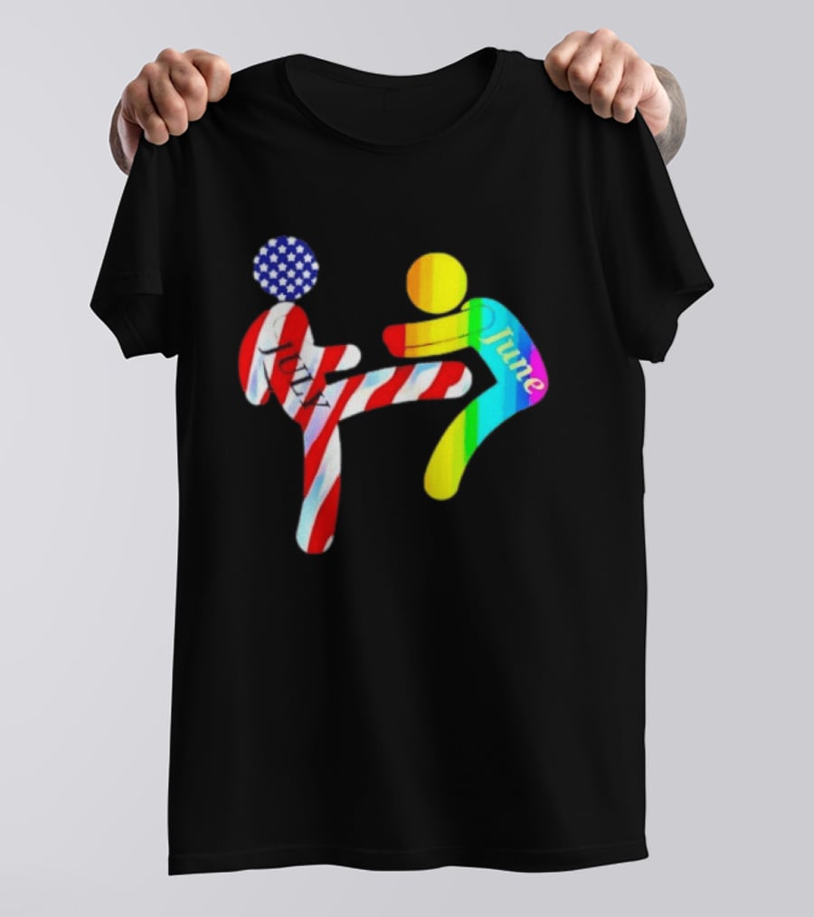 July Independence Kick With June Pride Month Rainbow Flag USA Stars And Stripes T-Shirt
