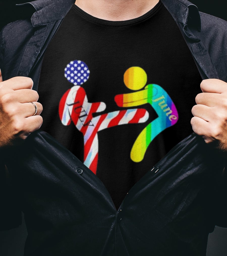 July Independence Kick With June Pride Month Rainbow Flag USA Stars And Stripes T-Shirt